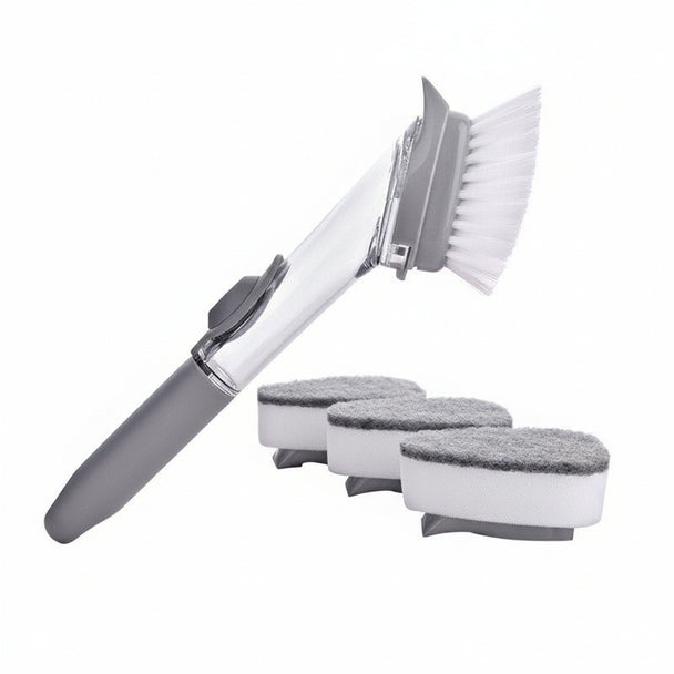 Cleaning brush set with handle and three sponge heads on a white background