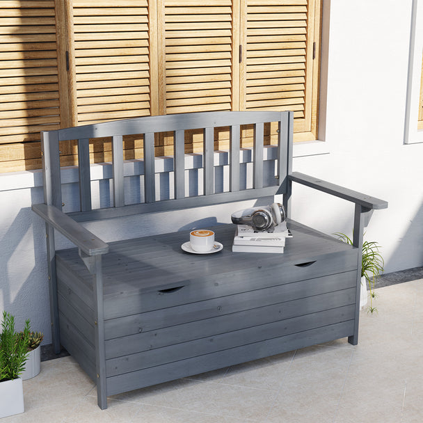 Outsunny Outdoor 2 Seater Garden Bench, Wooden Bench with Storage, Backrest, Arm Rests, 112 x 84 x 58 cm, Grey – view 2