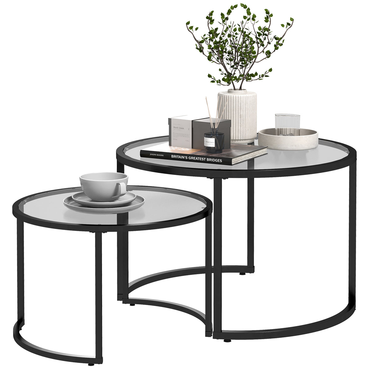 Set of 2 Round Tempered Glass Nesting Coffee Tables – Black