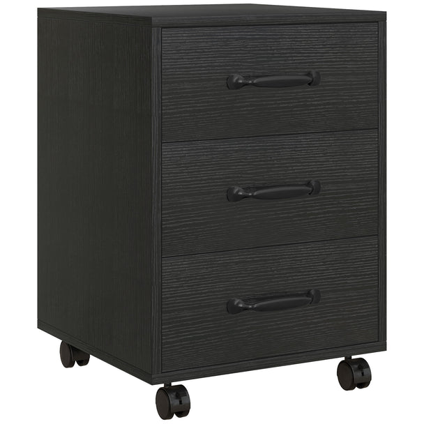 Black compact 3-drawer mobile filing cabinet on wheels