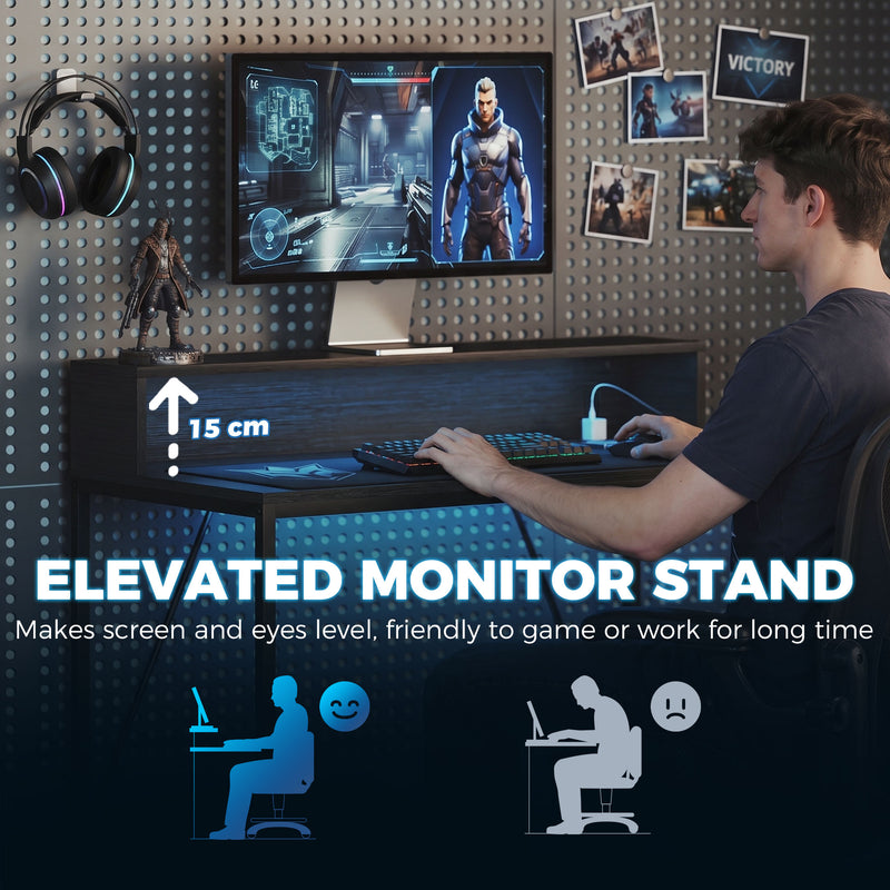 HOMCOM Gaming Desk, 100cm Computer Desk with LED Lights, Power Outlets, Monitor Stand and Remote, Black Wood-Effect – view 6