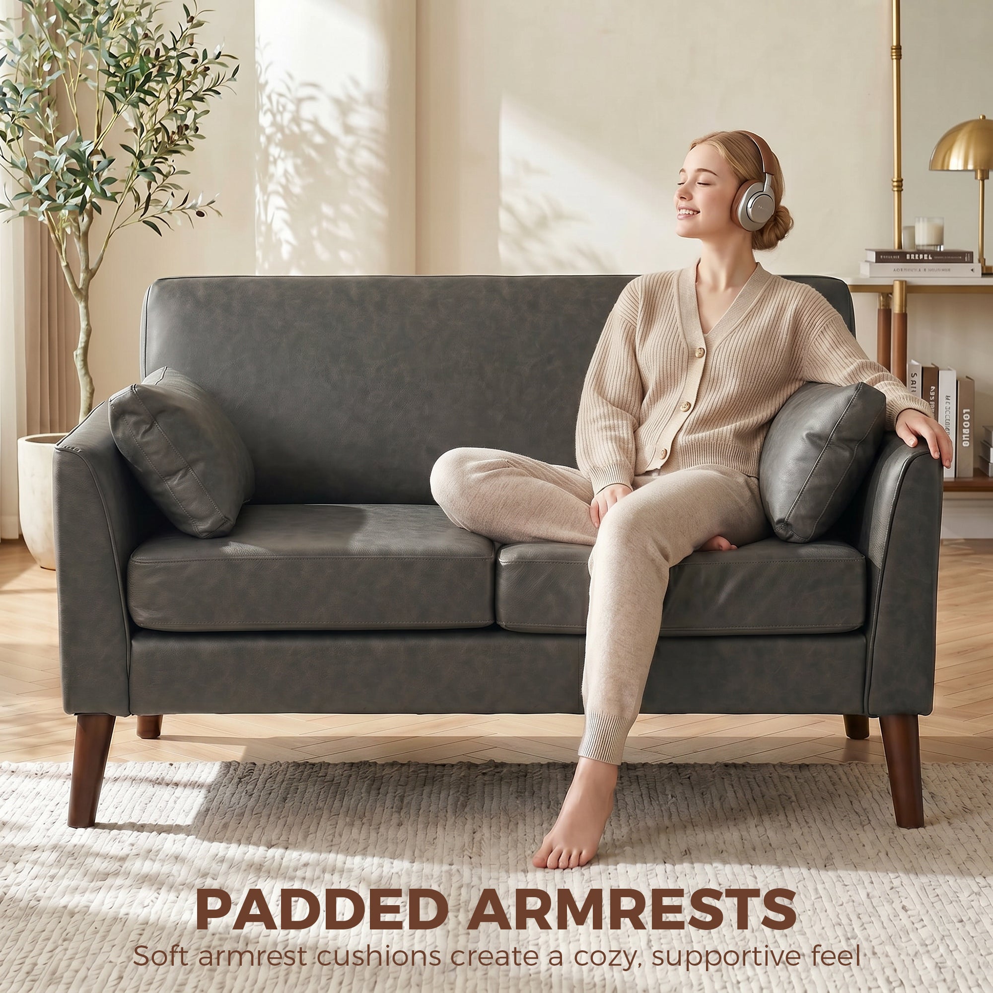 2 Seater Sofa, 132 cm Modern Small Sofa with Solid Wood Legs and 2 Pillows for Small Space, Grey