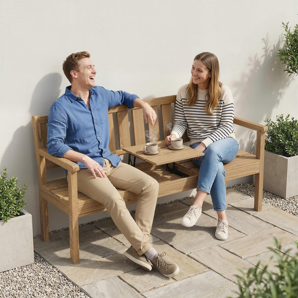 Outsunny Wooden Garden Bench with Liftable Table & Shelf, 2-3-Seater Outdoor Loveseat with Fir Wood Frame, Teak – view 2