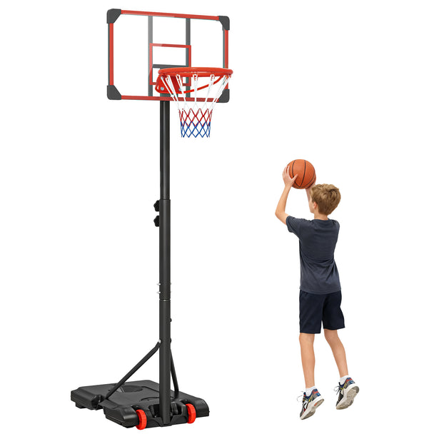Red and black kids' adjustable basketball hoop and stand with wheels
