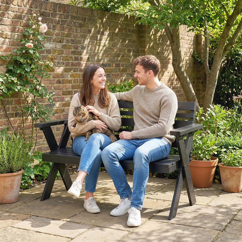 Outsunny 2 Seater Wooden Garden Bench, Slatted Patio Bench with Armrest and Backrest, Black – view 9