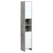 Slim tall grey and white bathroom cabinet with two cupboards and two open compartments