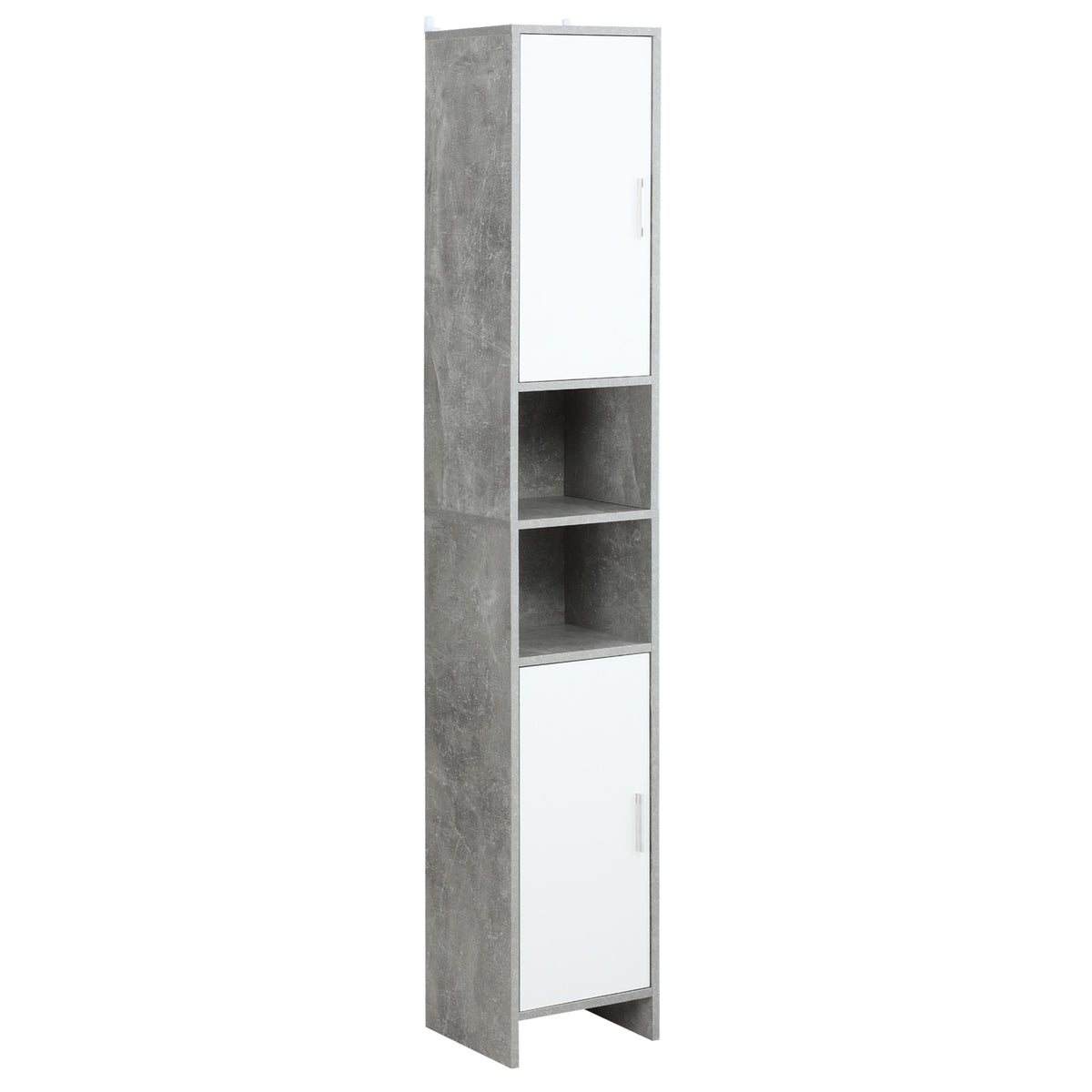 Slim tall grey and white bathroom cabinet with two cupboards and two open compartments