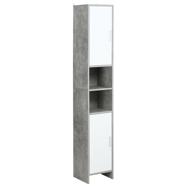 Slim tall grey and white bathroom cabinet with two cupboards and two open compartments