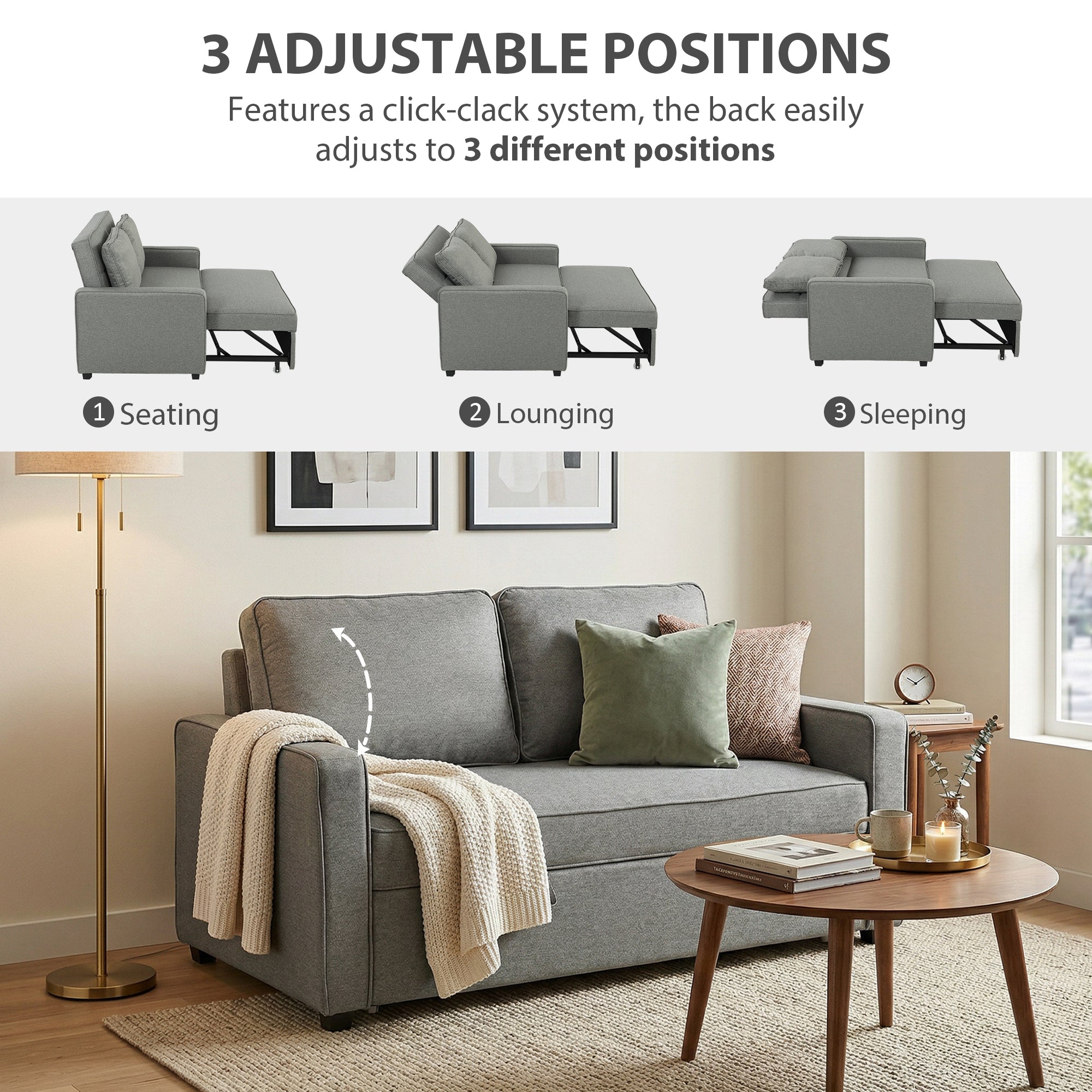 Double Sofa Bed Click Clack Sofa Bed Pull Out Bed with Adjustable Backrest for Living Room and Bedroom Grey
