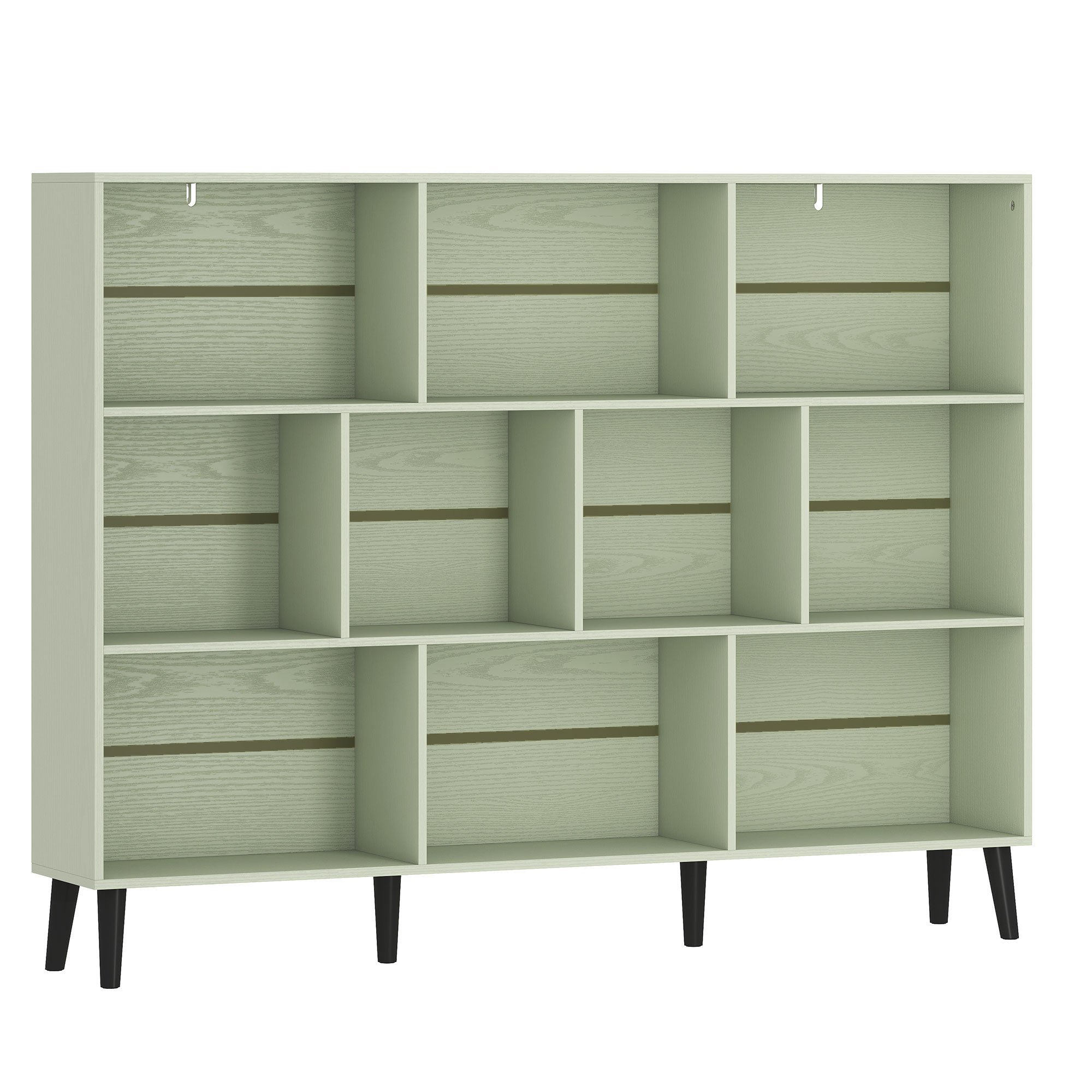 10-Cube Bookcase, 3-Tier Book Shelf with Solid Wood Legs, 140 cm Modern Bookshelf with Anti-Tip Kit, Light Green