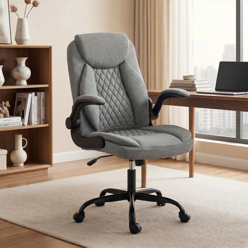 HOMCOM Linen-Look Computer Desk Chair, Executive Office Chair with Flip-Up Armrests and Thick Cushion, Grey – view 2