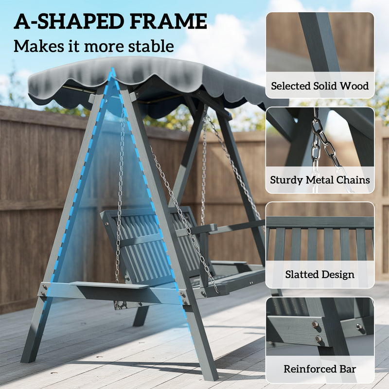 Outsunny 2 Seater Garden Swing Seat with Canopy, Wooden Swing Chair, Outdoor Hammock Bench for Balcony Patio Porch, Grey – view 5