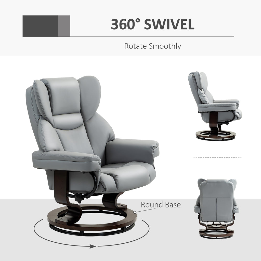 HOMCOM 360° Swivel Recliner Chair with Footstool, PU Leather Manual Recliner Armchair with Footstool, Solid Wood Base, Upholstered Reclining Chair for Living Room, Bedroom, Office, Light Grey