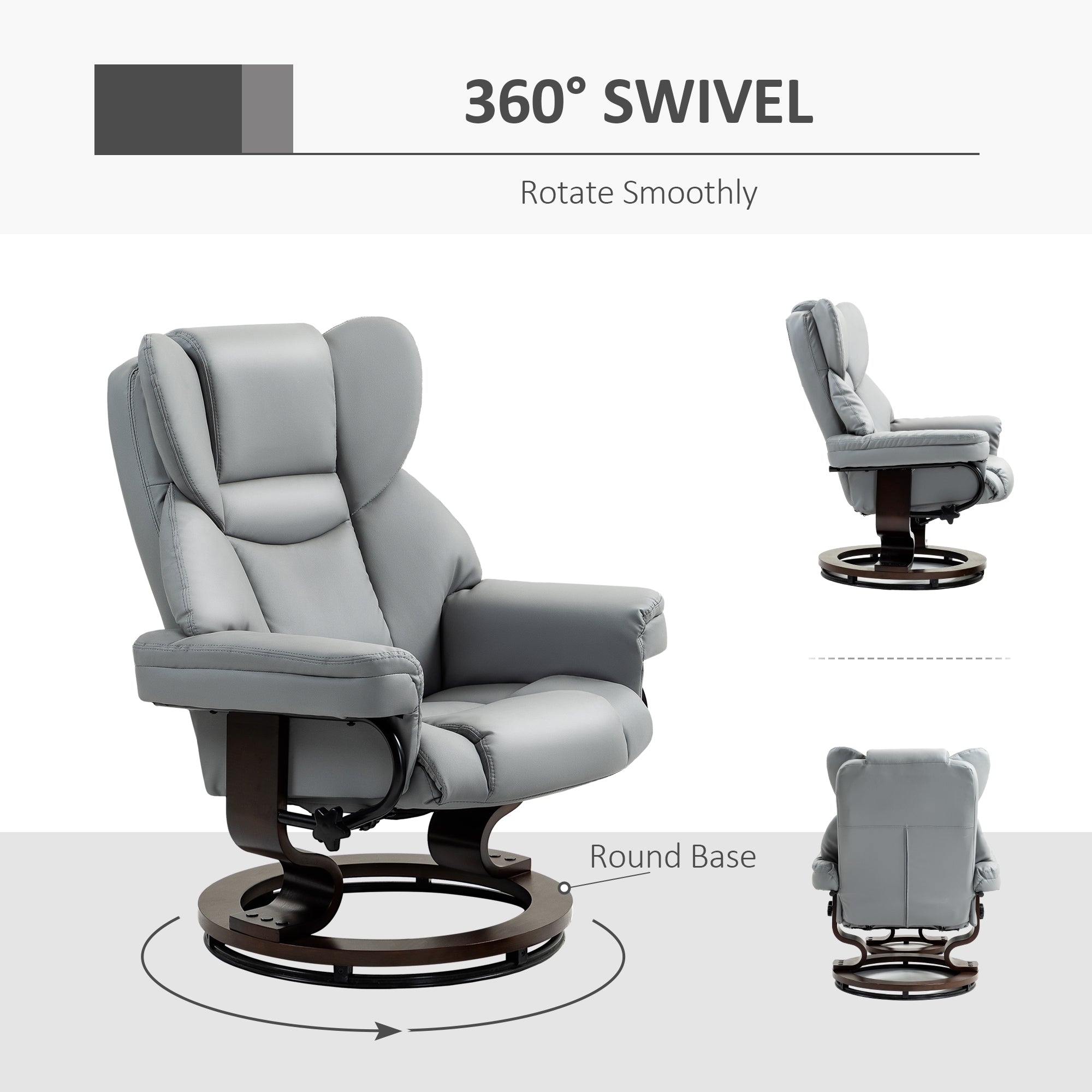 HOMCOM 360° Swivel Recliner Chair with Footstool, PU Leather Manual Recliner Armchair with Footstool, Solid Wood Base, Upholstered Reclining Chair for Living Room, Bedroom, Office, Light Grey
