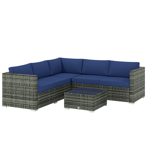 Grey rattan 4-piece corner sofa set with blue cushions and glass-top coffee table