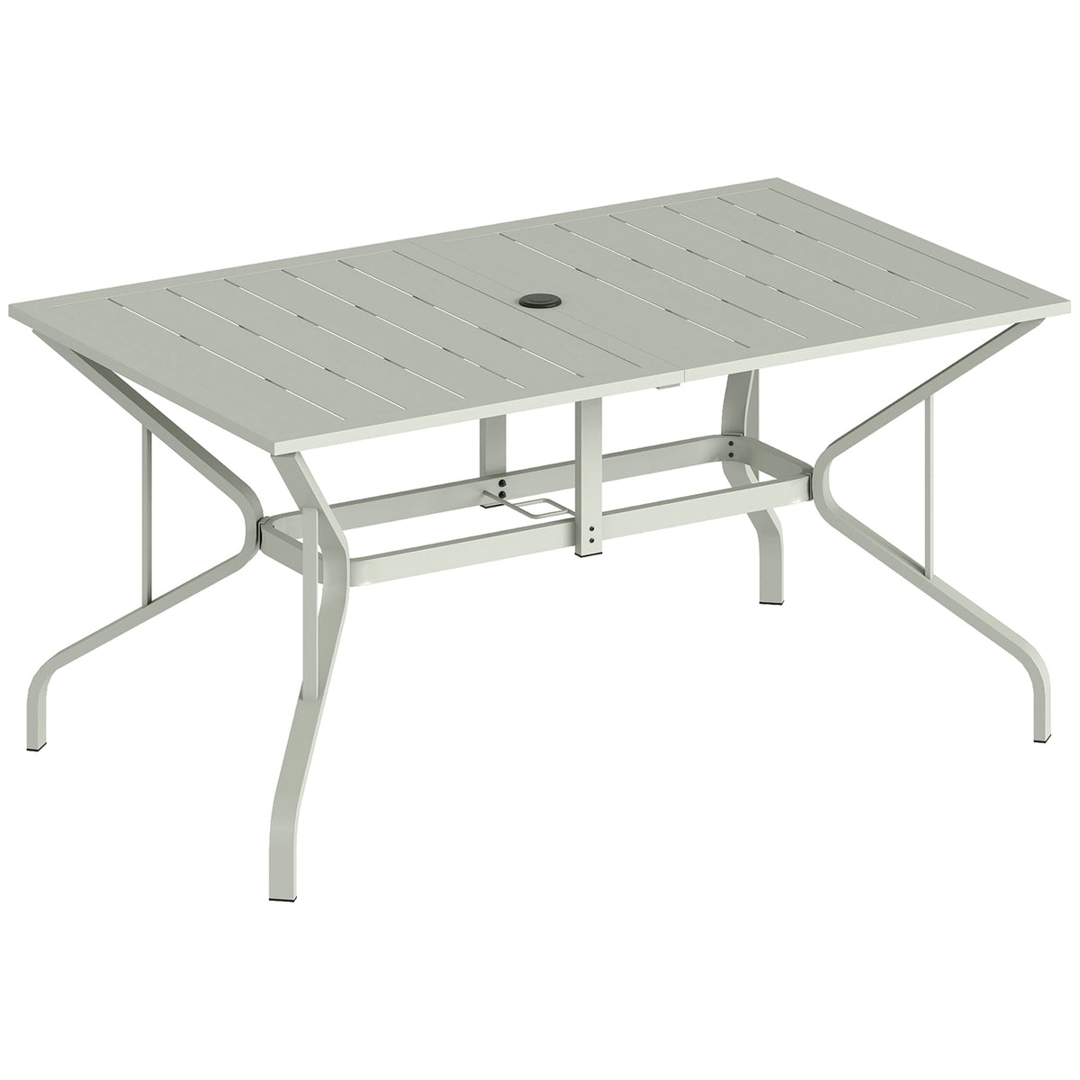 150 x 90 cm light grey slatted steel garden dining table with parasol hole