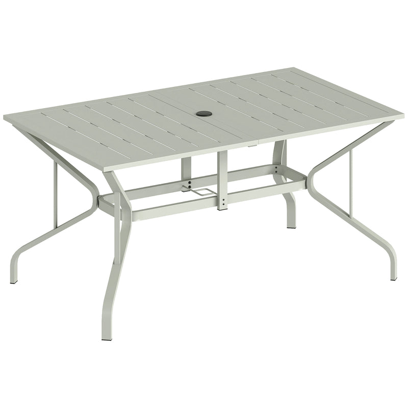 150 x 90 cm light grey slatted steel garden dining table with parasol hole