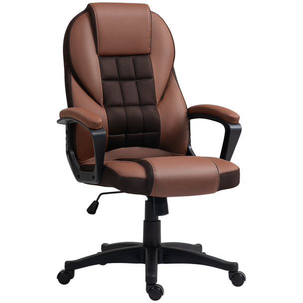 Brown high back faux leather office chair with padded armrests and five-castor swivel base