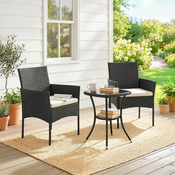 Outsunny 3 Piece Rattan Bistro Set, PE Wicker Garden Furniture Conversation Set with 2 Tier Glass-Top Table, Chairs – view 2