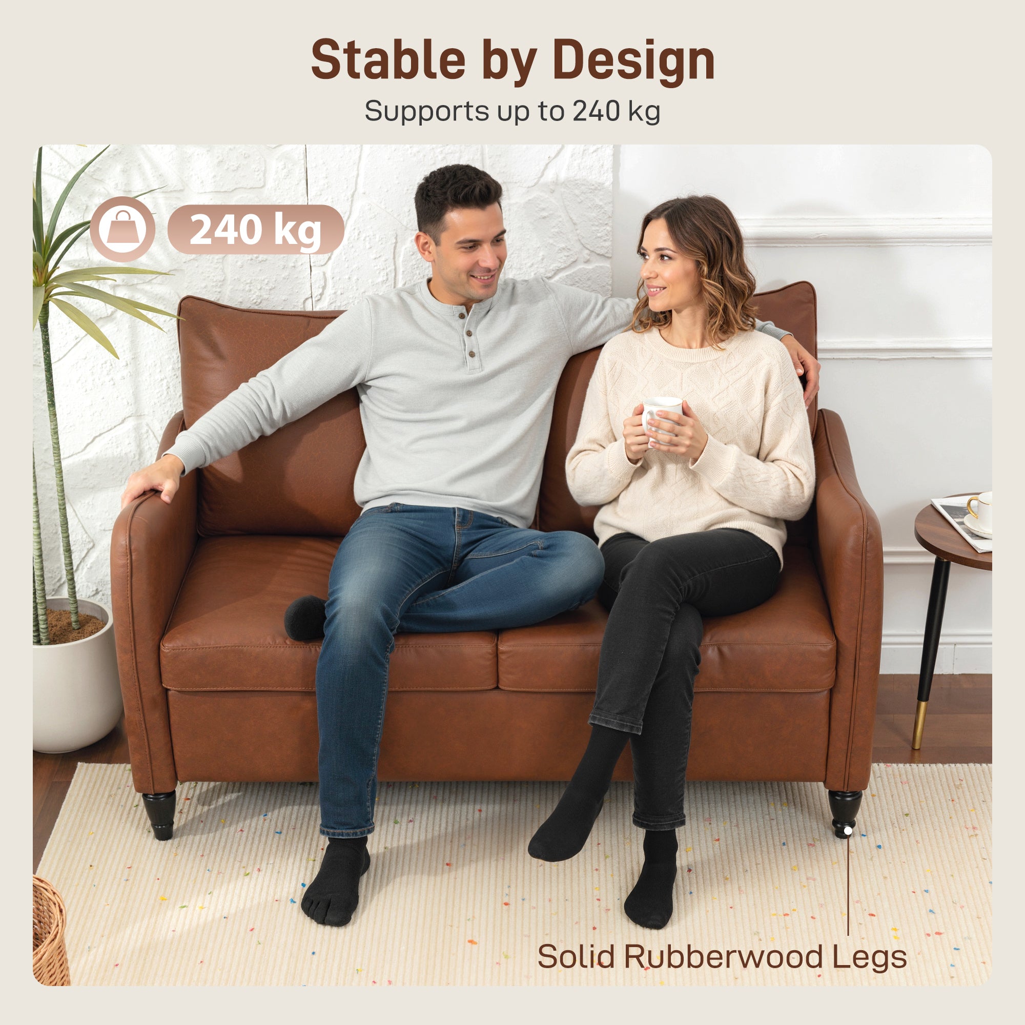 Faux Leather Marble-Effect Two-Seater Sofa - Brown