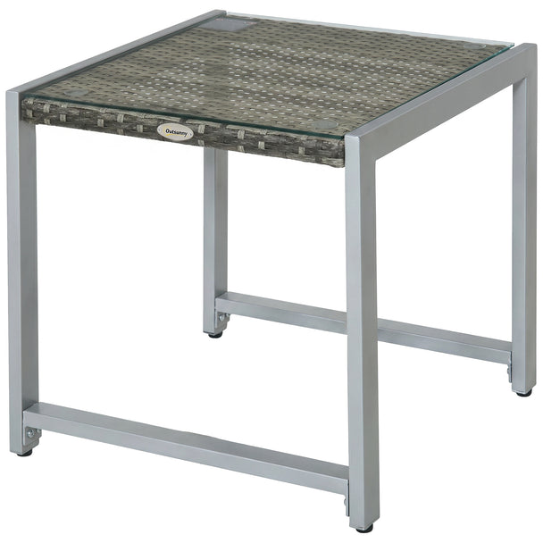 Grey square rattan side table with tempered glass top