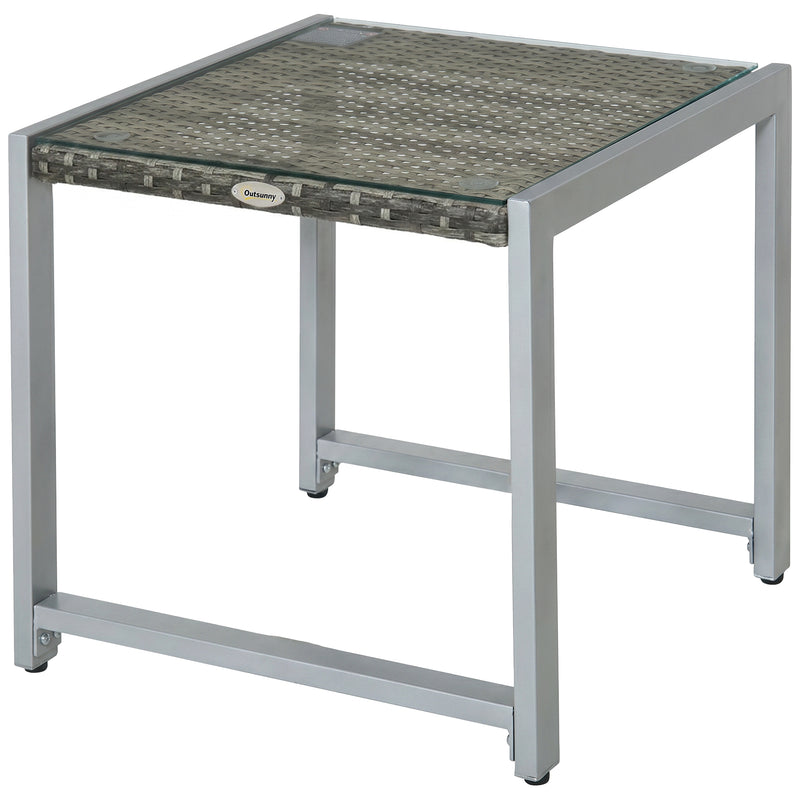 Grey square rattan side table with tempered glass top