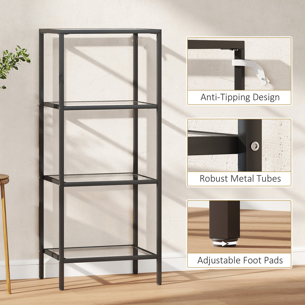 4-Tier Shelving Unit, Glass Shelf, Vertical Storage Shelf for Living Room, Home Office, Bedroom, Bathroom, Black
