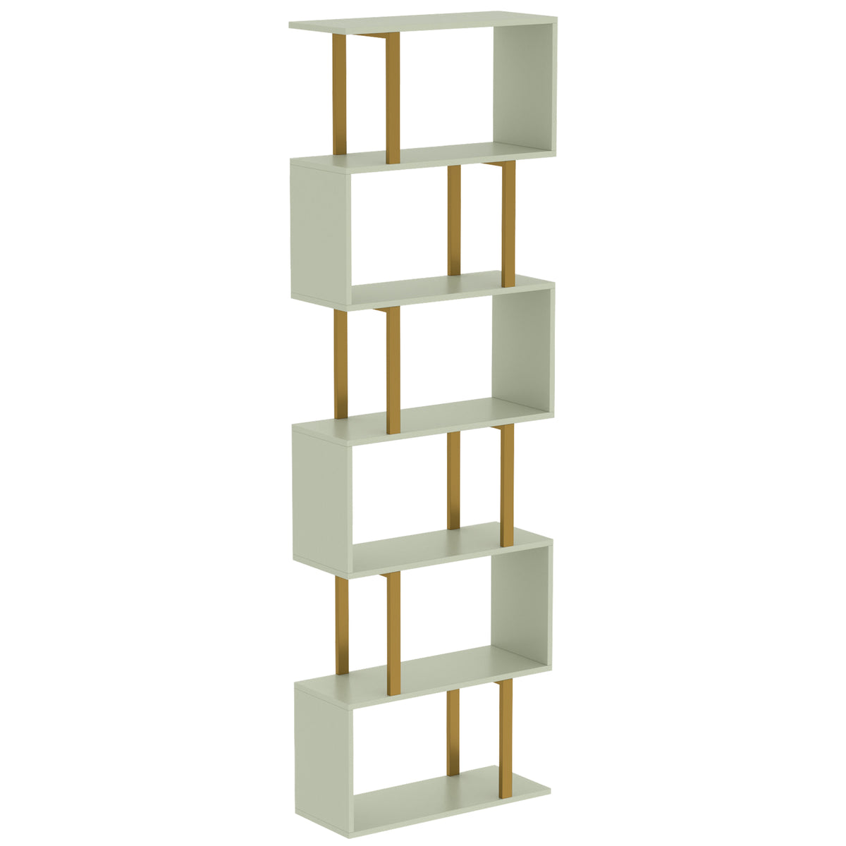 188 cm S-Shaped 6-Tier Bookcase – Light Green & Gold