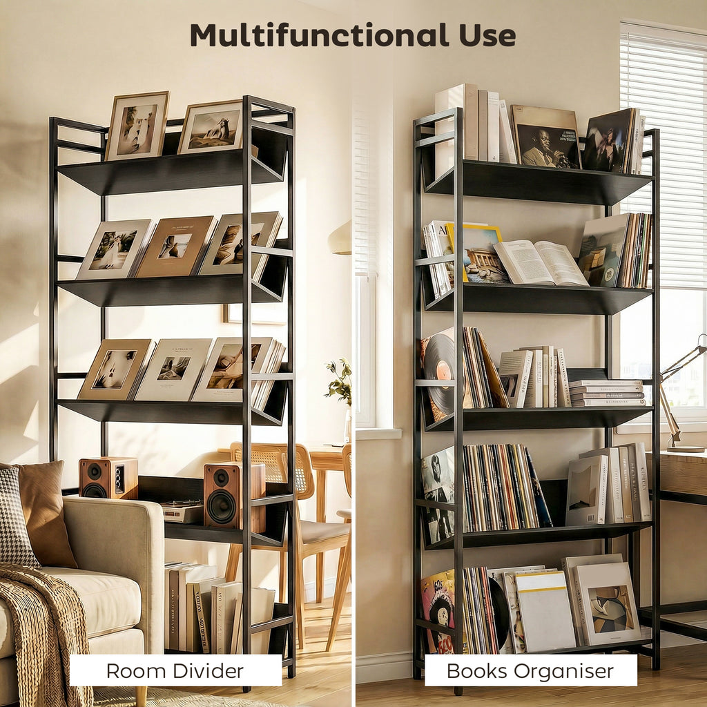 Bookshelf 5-Tier Metal Frame Bookcase Storage Shelves for Living Room Black