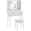 White dressing table with LED-lit mirror, gold handles, shelves and padded stool