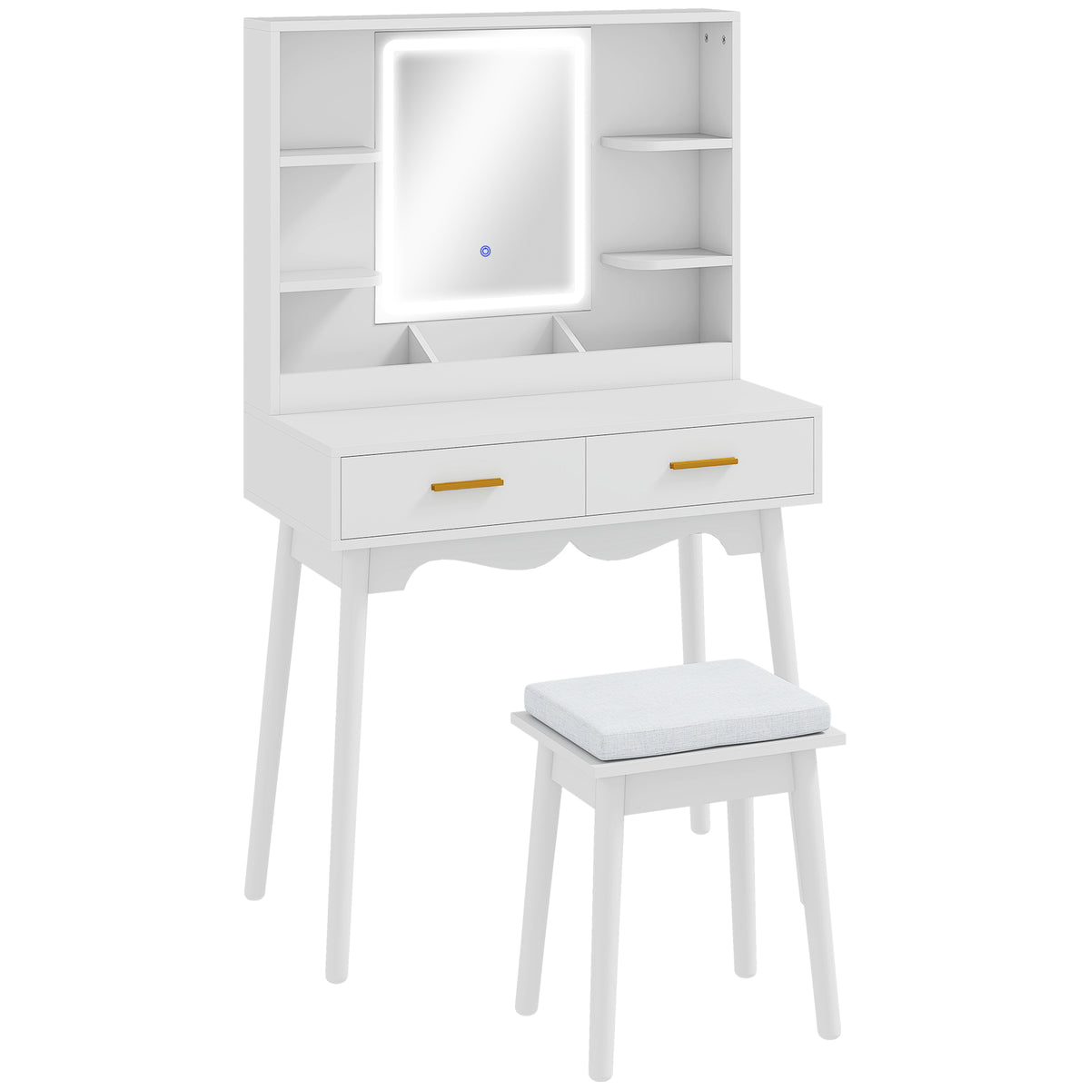 White dressing table with LED-lit mirror, gold handles, shelves and padded stool