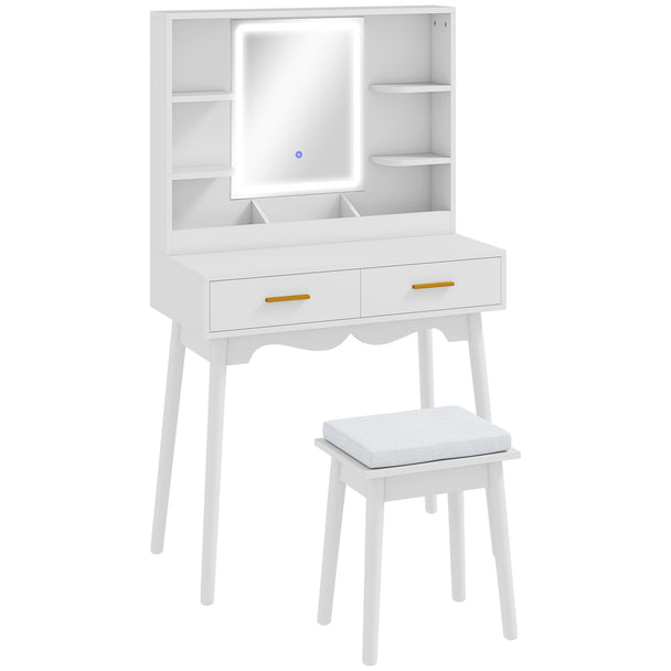 White dressing table with LED-lit mirror, gold handles, shelves and padded stool