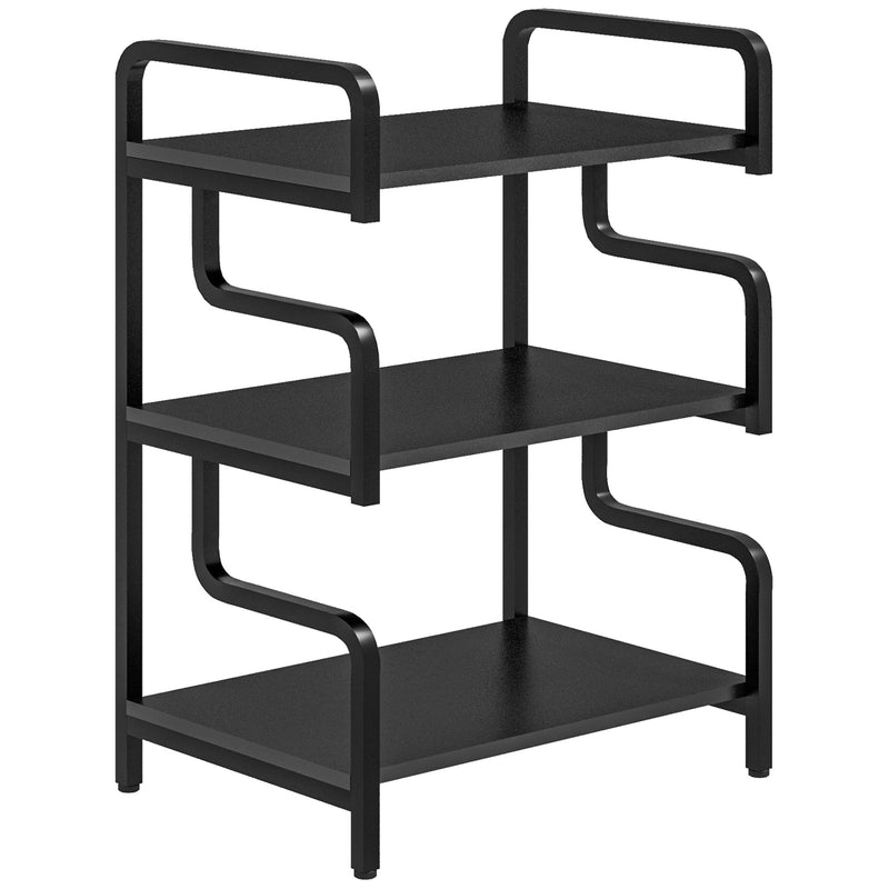 Black three-tier printer stand with wave-edge steel sides and storage shelves