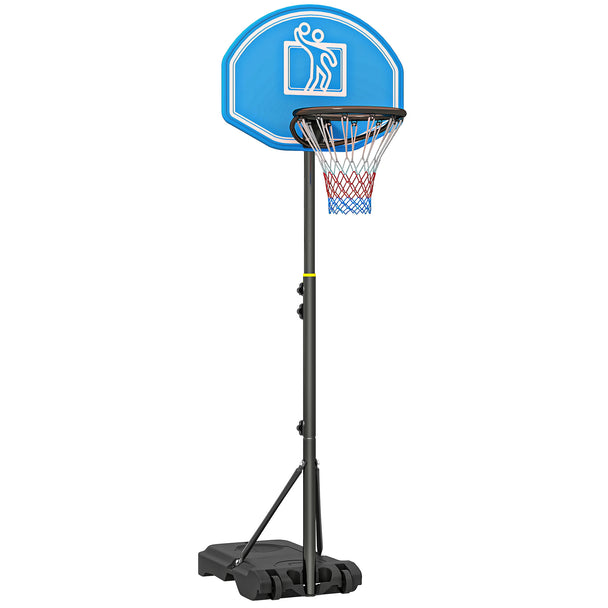 Blue adjustable basketball hoop and stand with wheels and fillable base