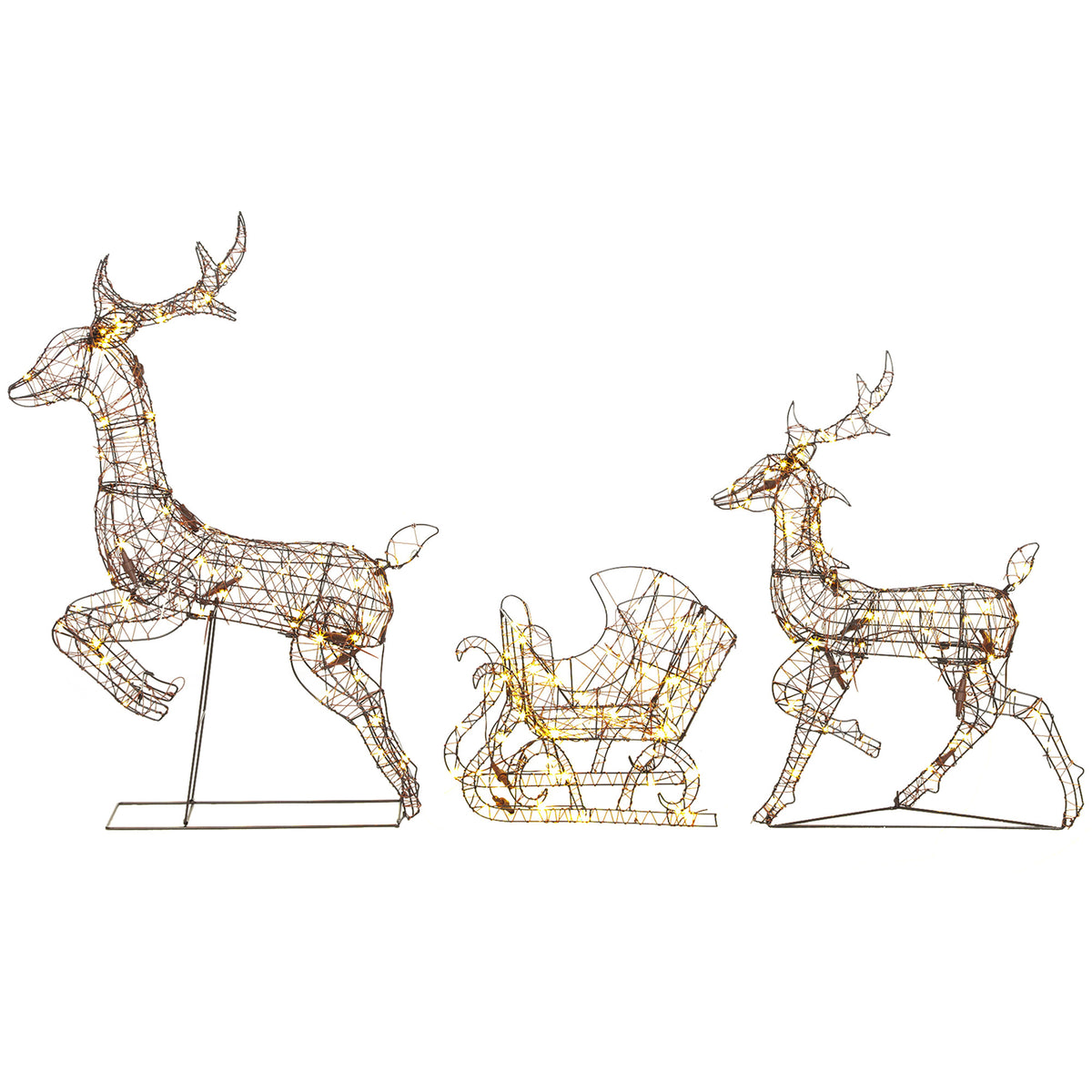 3-Piece Rattan Reindeer and Sleigh Christmas Light Set on a white background