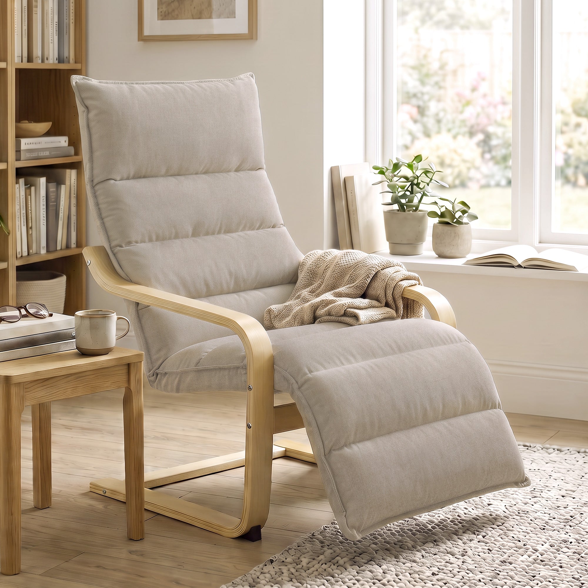 Curved Wooden Accent Chair, Armchair with Adjustable Footrest, Light Brown