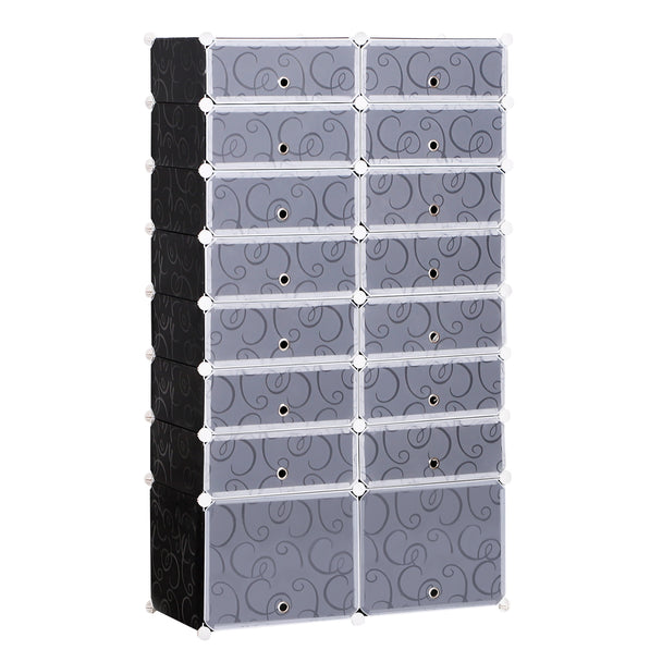 Black and white 16-cube modular shoe storage cabinet with swirl-pattern doors holding 32 pairs