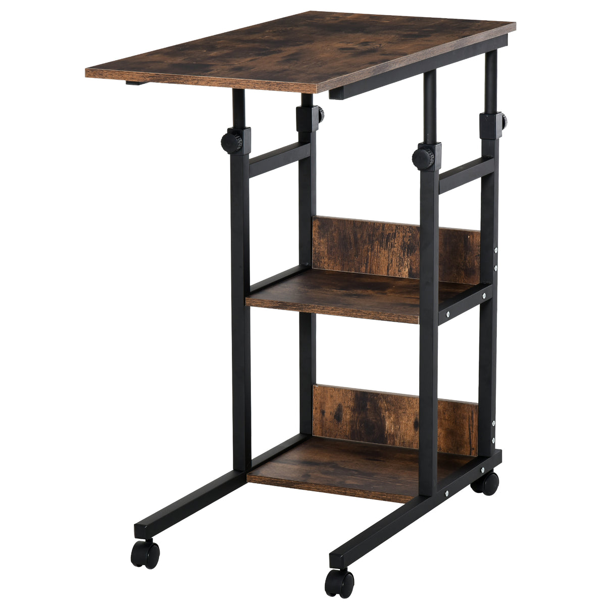 Height-Adjustable 3-Tier Mobile C-Shaped Side Table – Rustic Brown