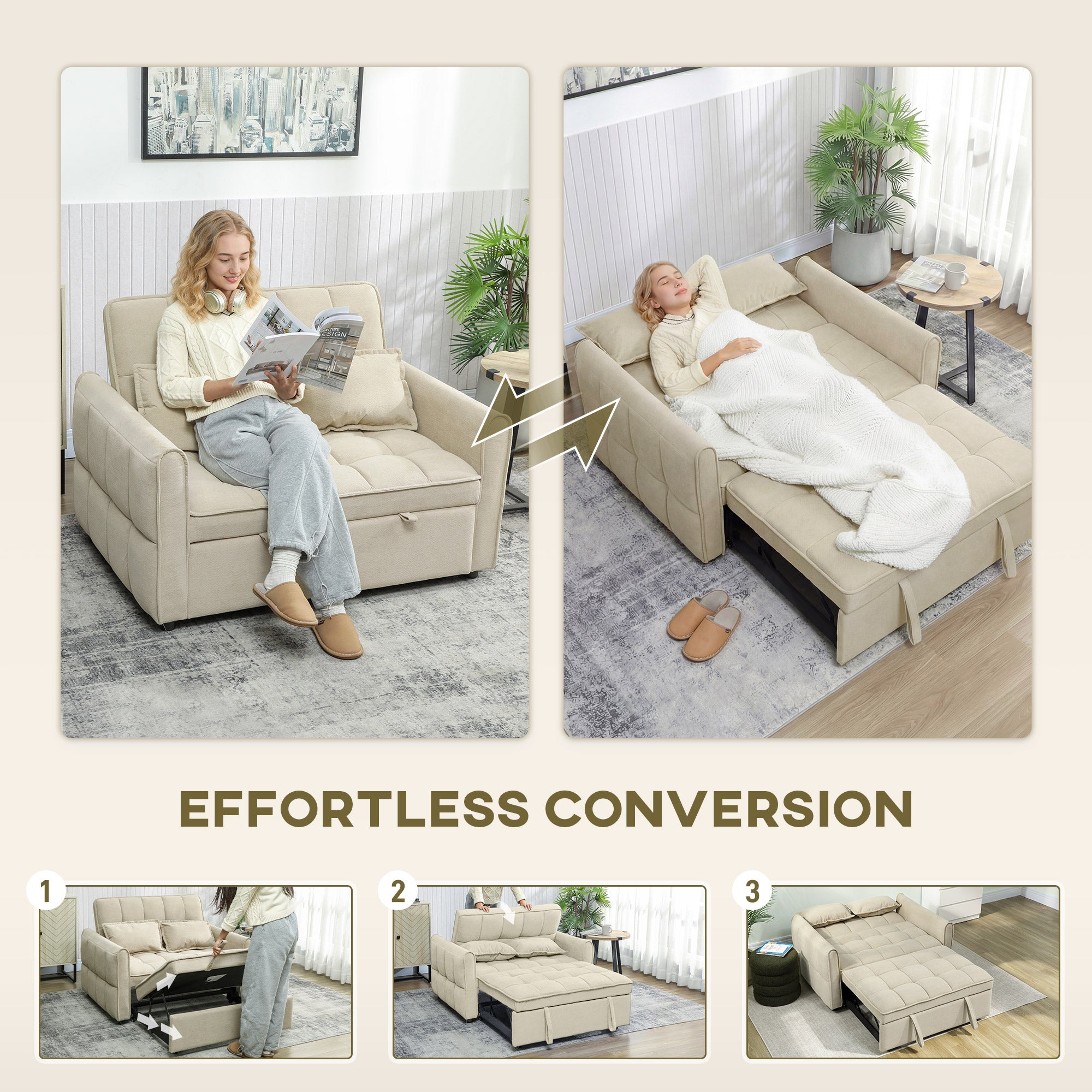 2 Seater Sofa Bed, 3-in-1 Convertible Sleeper Sofa with Click-clack Adjustable Backrest and 2 Pillows, Light Brown