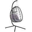 Grey rope-weave hanging egg chair with X-base steel stand, thick cushion and head pillow