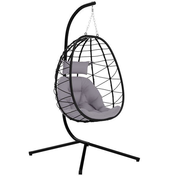 Grey rope-weave hanging egg chair with X-base steel stand, thick cushion and head pillow