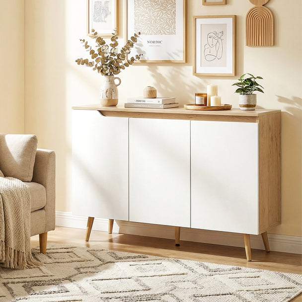 HOMCOM Sideboard Storage Cabinet, Kitchen Cupboard with 3 Doors, 2 Adjustable Shelves and 5 Rubberwood Legs, White and – view 2