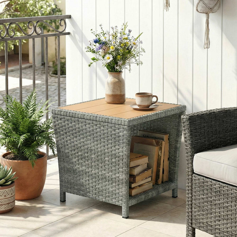 Outsunny Side Table 2-Tier Outdoor Coffee Table with Storage Shelf PS Wood Slat Top/Light Grey – view 9