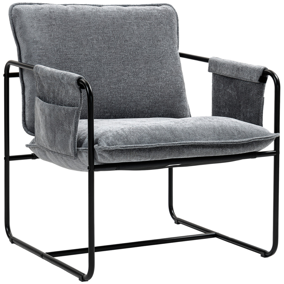 Chenille Accent Chair with Side Pockets – Grey