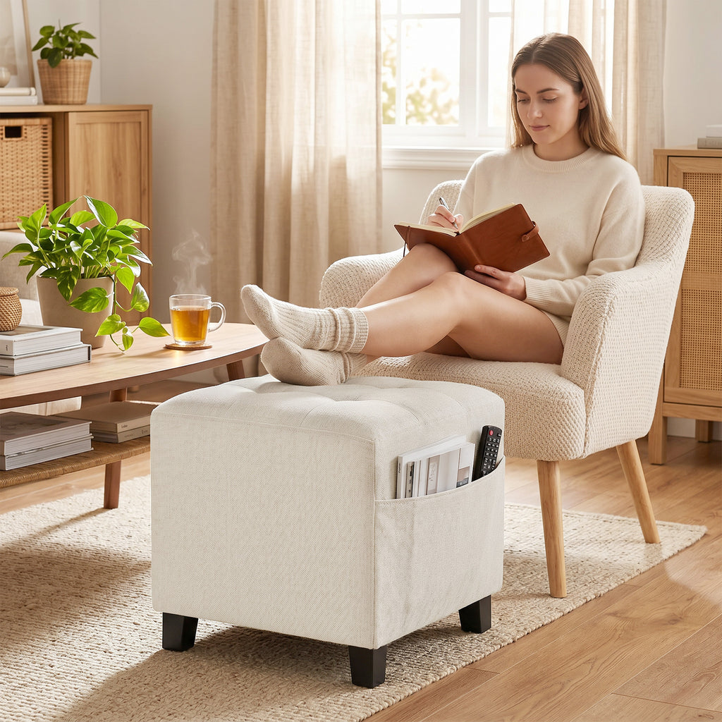 Small Ottoman, Square Footstool with Side Pocket, Rubber Wood Legs and Padded Seat for Living Room, Beige