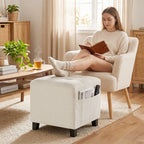 Small Ottoman, Square Footstool with Side Pocket, Rubber Wood Legs and Padded Seat for Living Room, Beige