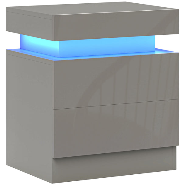 Grey high gloss bedside table with glowing RGB LED panel and two drawers