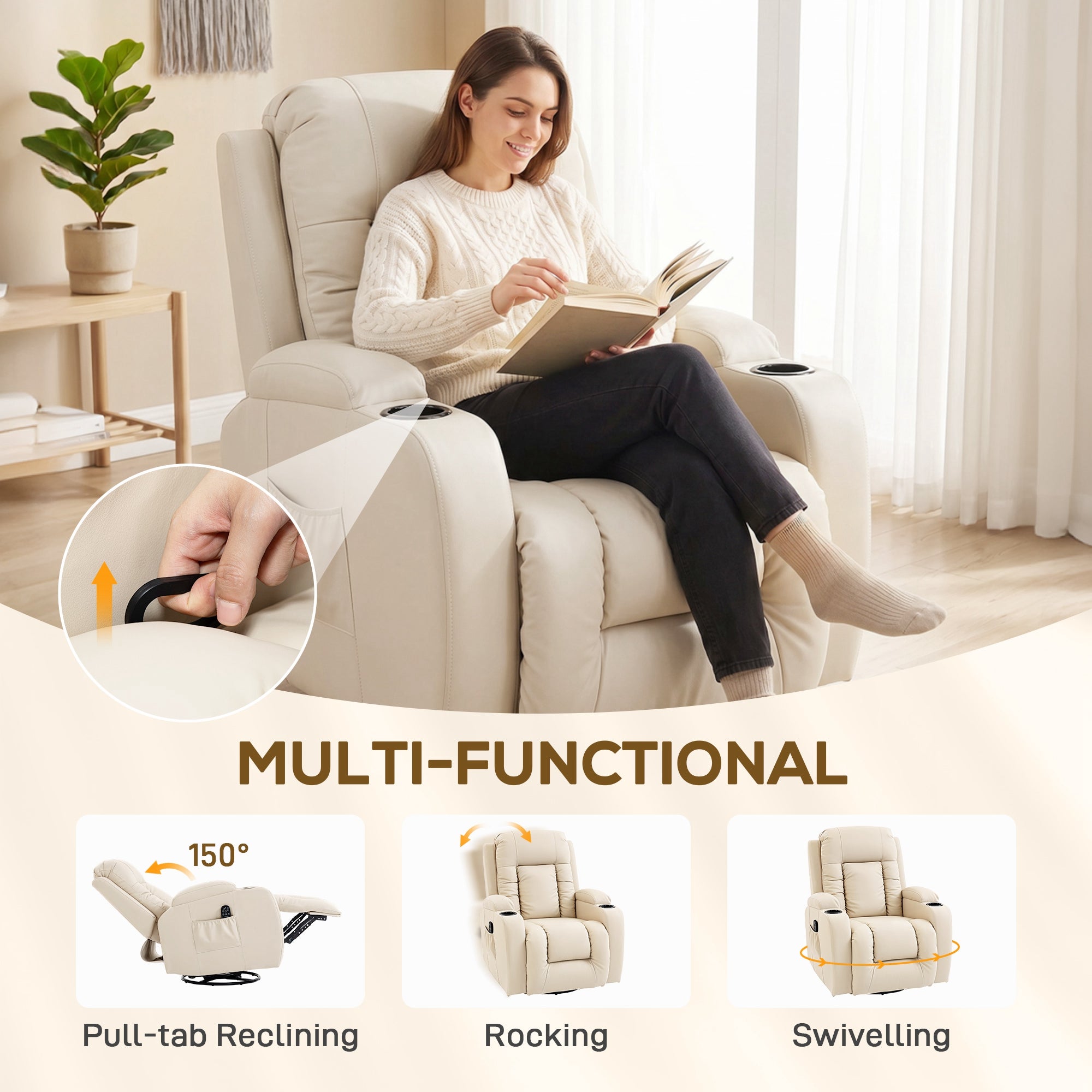 PU Leather Recliner Chair, Recliner Armchair with Extended Footrest, Cup Holders and Side Pockets, Cream