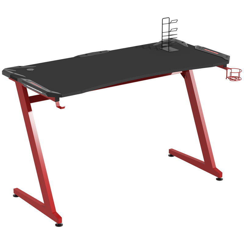Black and red 142 cm gaming desk with carbon fibre effect top, cup holder and headphone hook