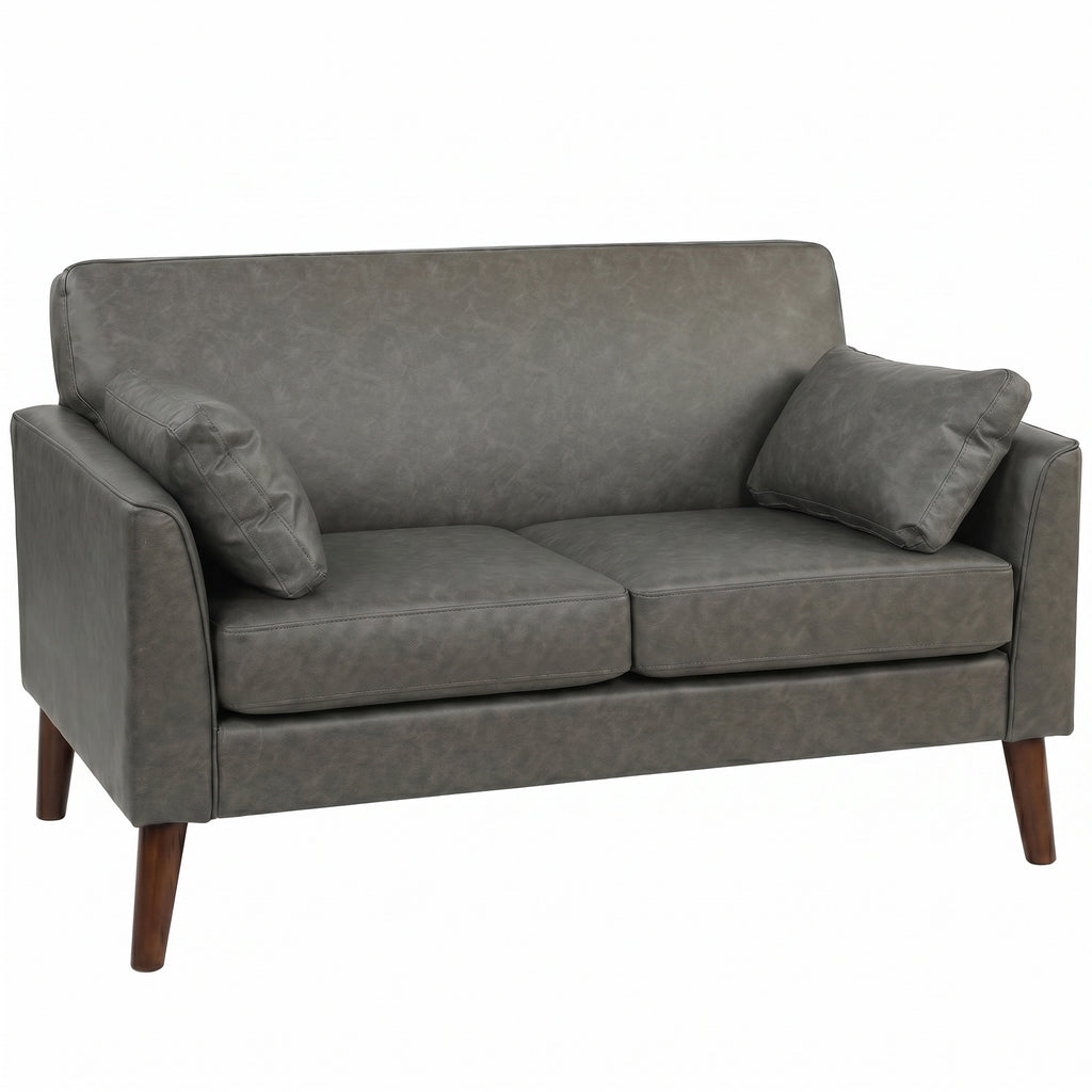 2 Seater Sofa, 132 cm Modern Small Sofa with Solid Wood Legs and 2 Pillows for Small Space, Grey